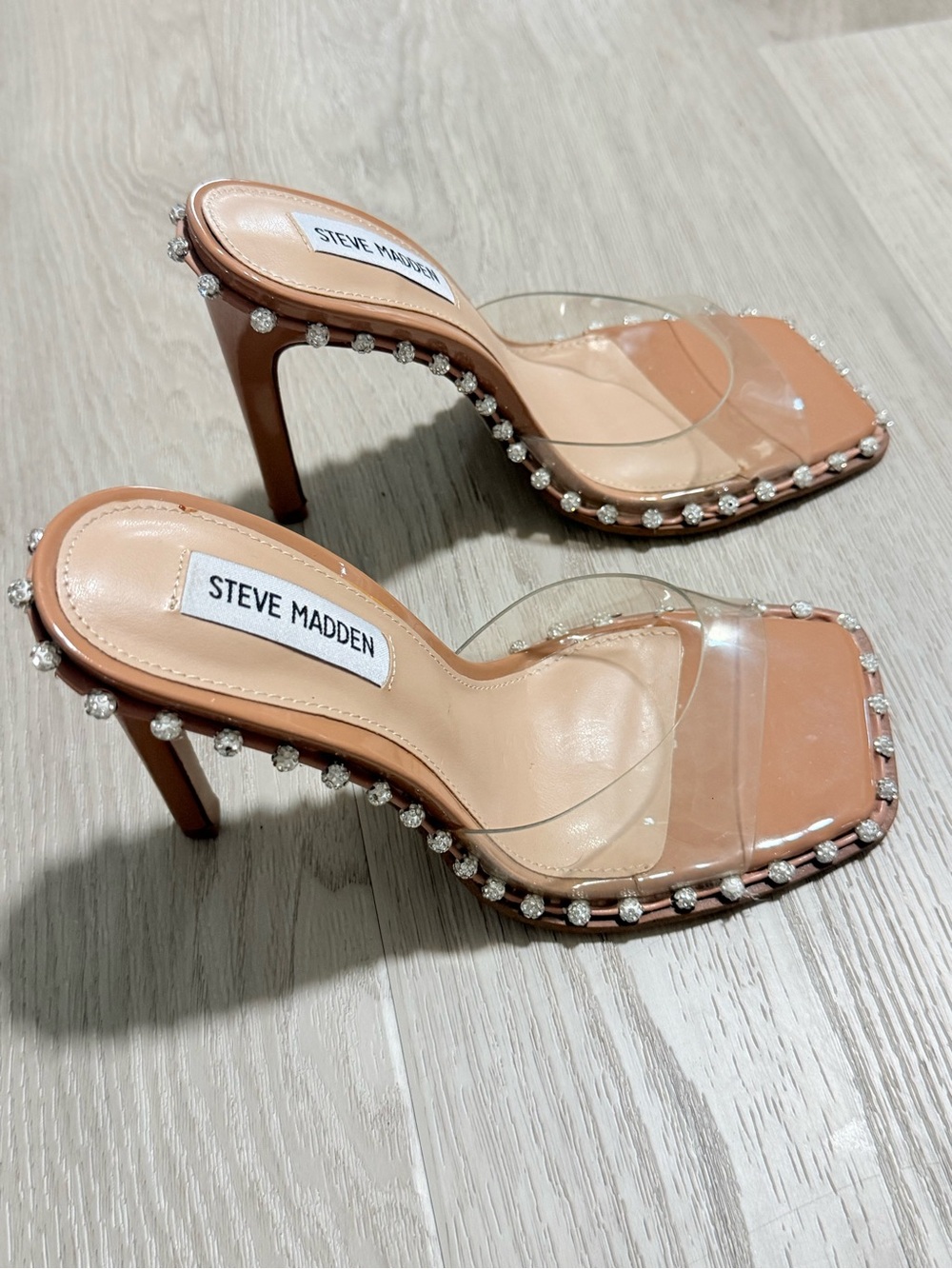 Steve Madden Nude Clear Rhinestone-Trim Slide Heels - Picture 3 of 5